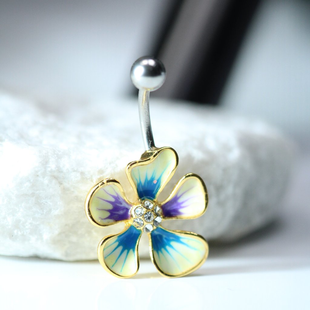 Gold Plated Jeweled Hibiscus Flower Navel Ring 25$